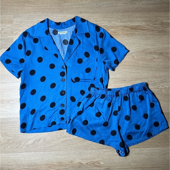 Reformation Other - Reformation 100% Tencel Blue & Black Pok A Dot Pajama Short Sleeve and Short Set